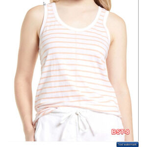 New Caslon Melody Ribbed Scoop Neck Tank Top in Pink White Stripe Small